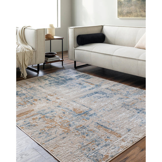Allegro ALG-2360 Rug by Livabliss in tan, light beige, ivory, navy, blue. Made from face: 80% polyester, 20% polypropylene, warp: 100% jute in a unique style.