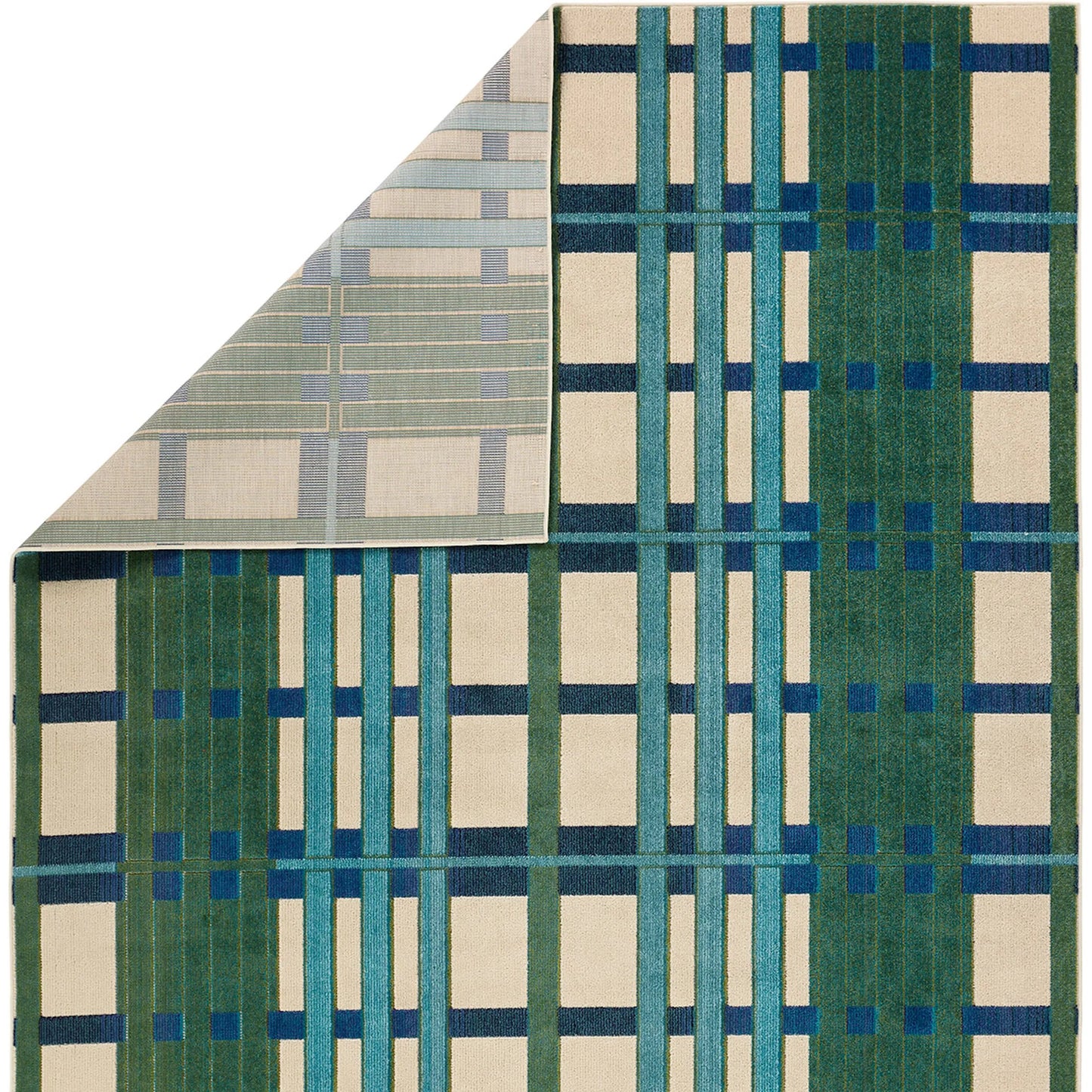 003 SI-2354104,SI-2354105,SI-2354106,SI-2354107,SI-2354108,SI-2354109,SI-2354110,SI-2385871 | Closeup | Alina ALI01 Rug by Jaipur Living in blue, green, beige. Made from 100% polypropylene in a unique style.
