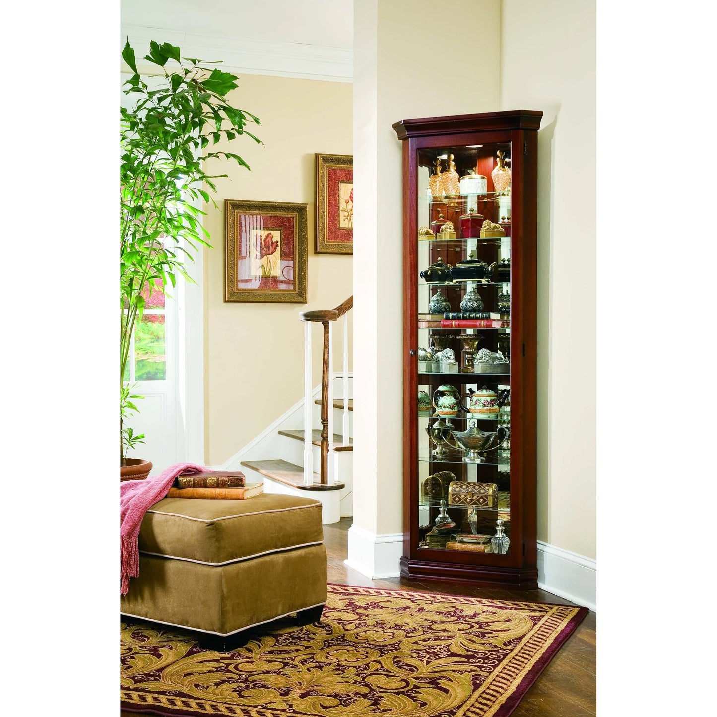006 SI-2155499 | Lifestyle | Victorian Cherry Corner Curio by Pulaski Furniture in cherry brown. Made from select hardwoods in a traditional style.