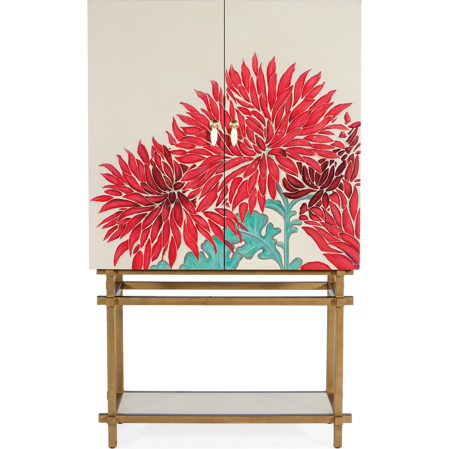 003 SI-1900827 | Additional Silo | Melange Patrisha Bar Cabinet by Hooker Furniture in neutral linen, red. Made from wood, linen, metal, tempered glass, mirror in a modern style.