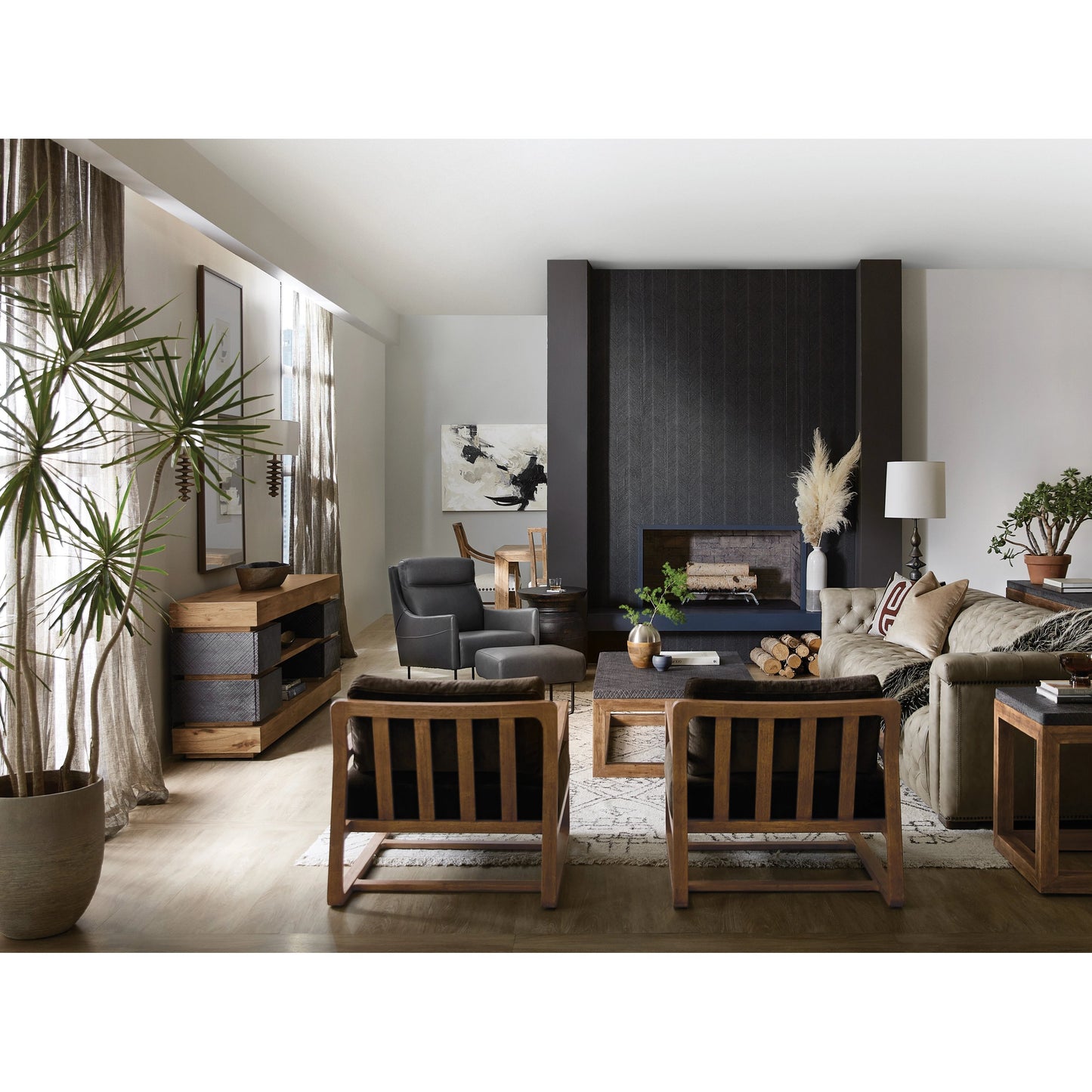 005 SI-1959505 | Lifestyle | Big Sky 4-Drawer Entertainment Console by Hooker Furniture in furrowed bark. Made from pecky hickory veneers, resin, solid-wood edged top in a modern style.