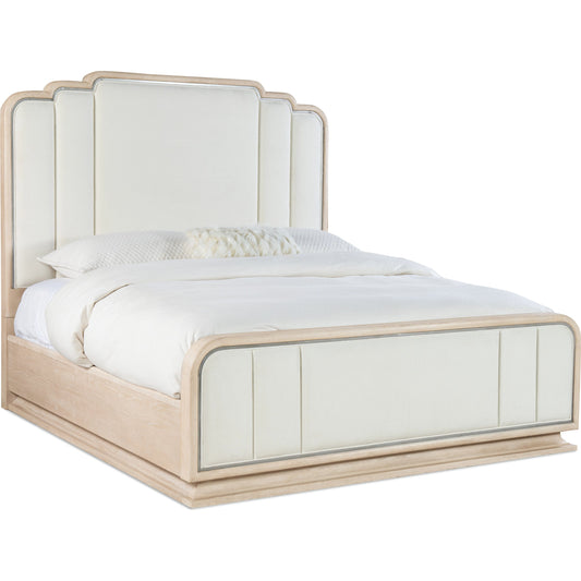 Nouveau Chic Upholstered Bed by Hooker Furniture in polished pearl and sandstone. Made from oak veneers, fabric in a modern style.