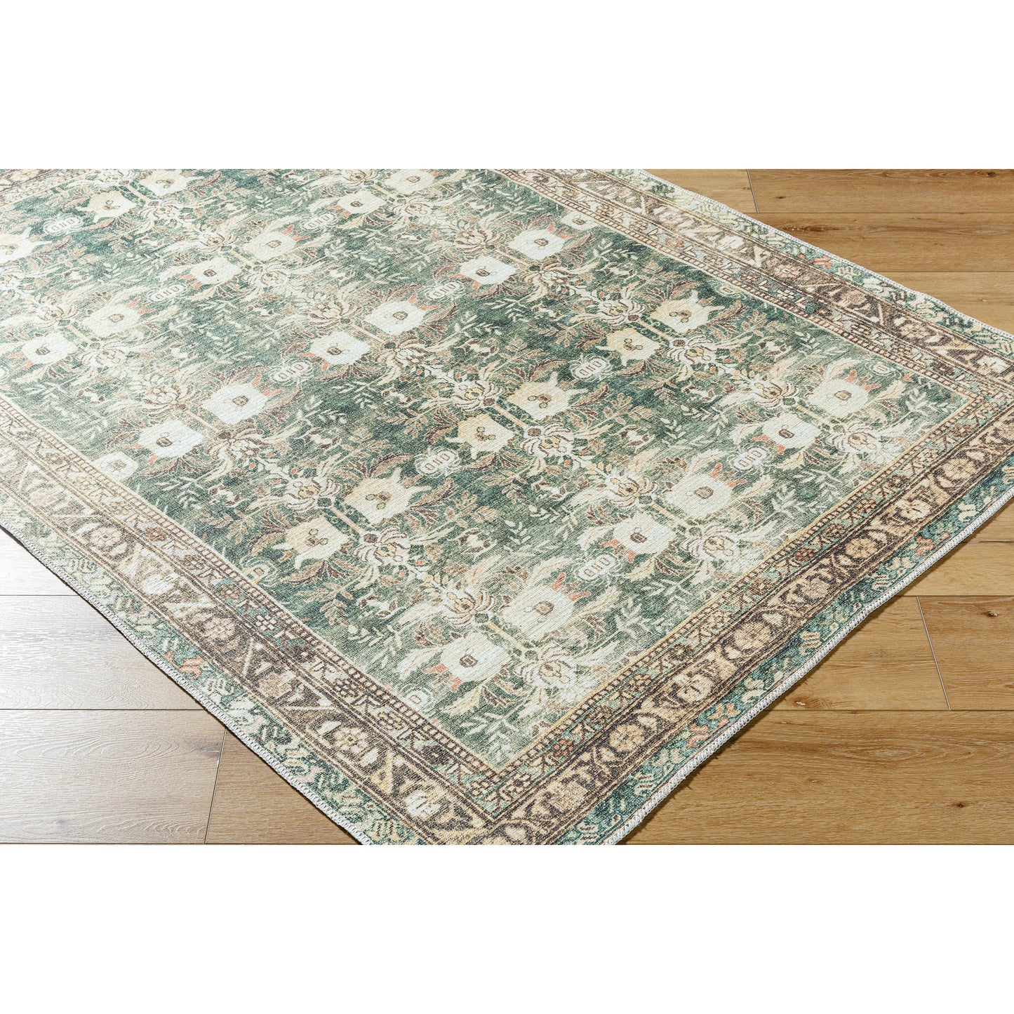 003 SI-2168246,SI-2168247,SI-2168248,SI-2168249,SI-2168250,SI-2168251 | Closeup | Amelie AML-2396 Rug by Livabliss in olive, medium green, cream, wheat, black, dusty coral. Made from polyester in a unique style.