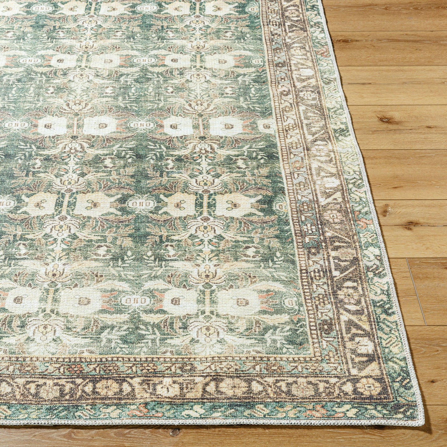 004 SI-2168246,SI-2168247,SI-2168248,SI-2168249,SI-2168250,SI-2168251 | Closeup | Amelie AML-2396 Rug by Livabliss in olive, medium green, cream, wheat, black, dusty coral. Made from polyester in a unique style.