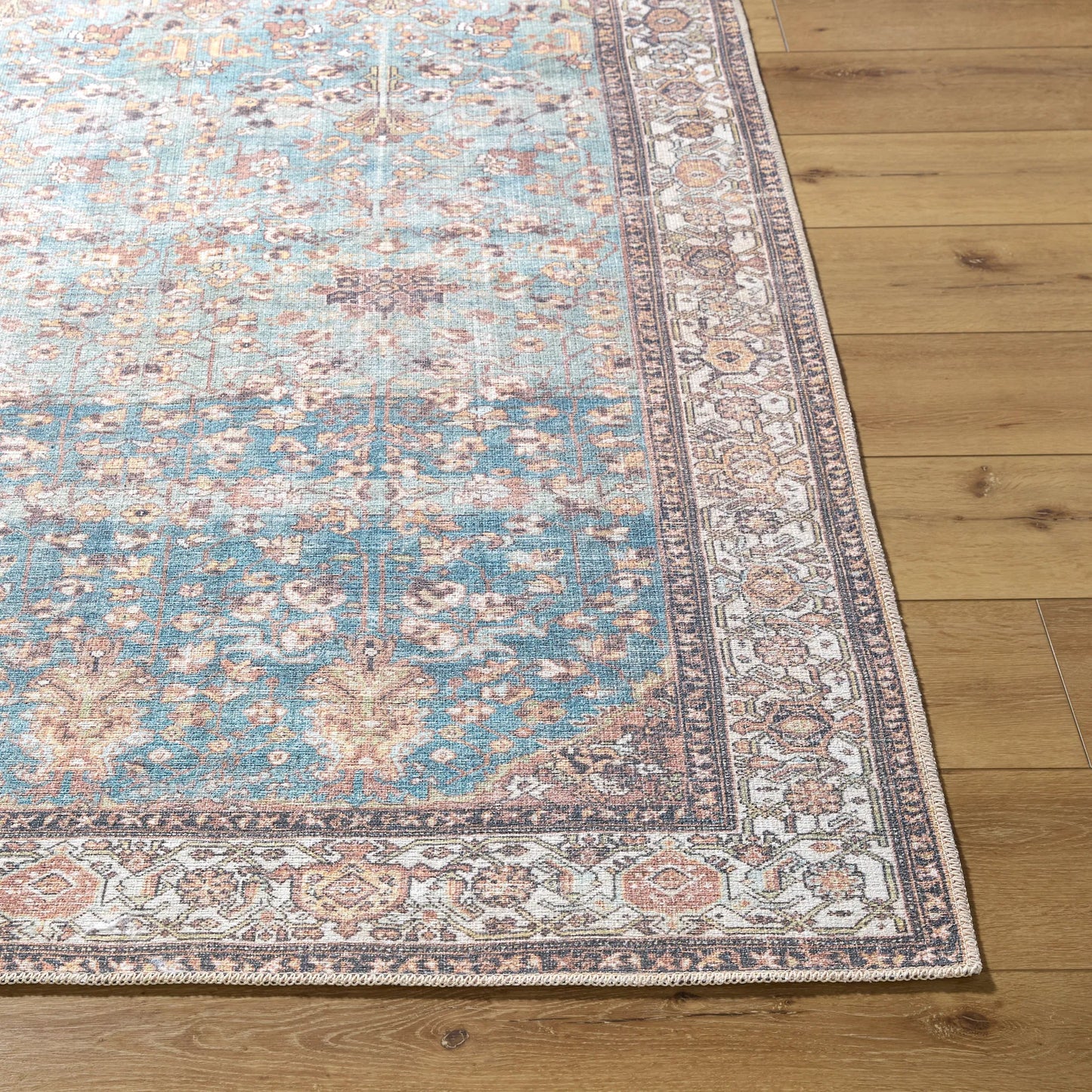 003 SI-2245633,SI-2245634,SI-2245635,SI-2245636,SI-2245637,SI-2245638 | Closeup | Amelie 533471 Rug by Livabliss in pale blue, teal, cream, brown, black, orange. Made from polyester in a unique style.