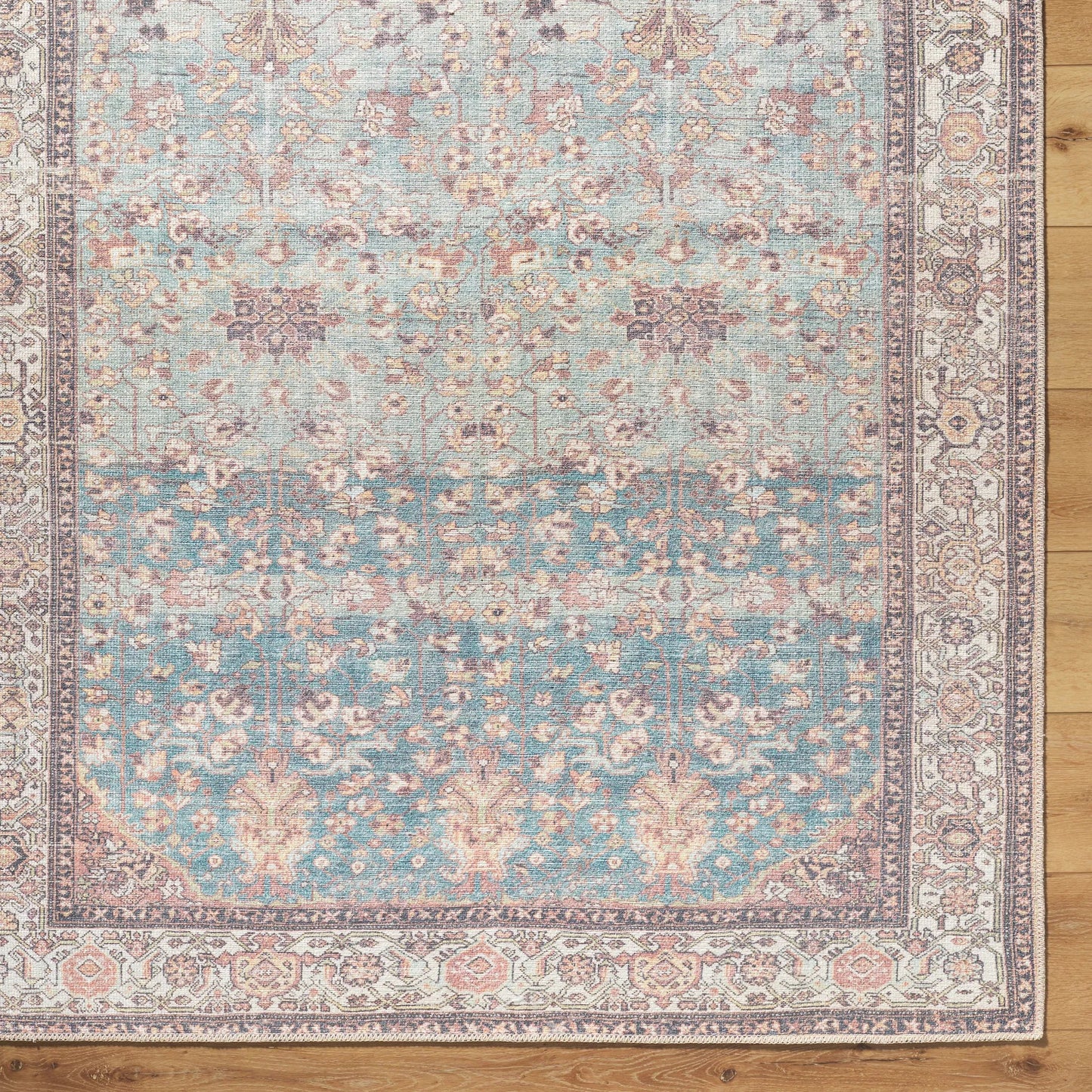007 SI-2245633,SI-2245635,SI-2245636,SI-2245637,SI-2245638 | Closeup | Amelie 533471 Rug by Livabliss in pale blue, teal, cream, brown, black, orange. Made from polyester in a unique style.