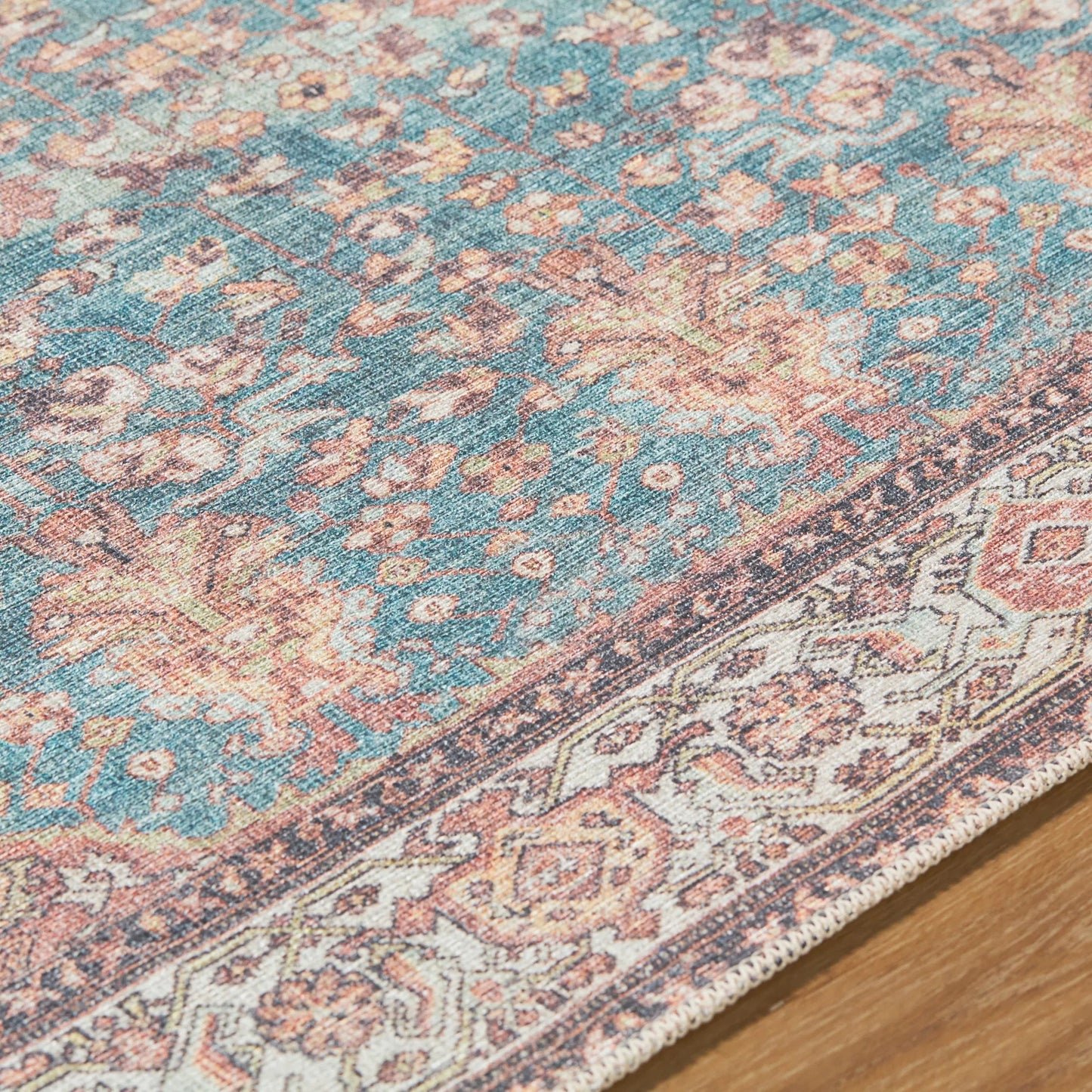 005 SI-2245633,SI-2245634,SI-2245635,SI-2245636,SI-2245637,SI-2245638 | Closeup | Amelie 533471 Rug by Livabliss in pale blue, teal, cream, brown, black, orange. Made from polyester in a unique style.