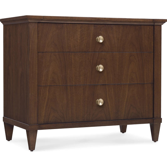 001 SI-2353939 | Primary Silo | Archives Three-Drawer Nightstand by Hooker Furniture in dark wood and classic walnut. Made from figured walnut veneer, oak veneer in a transitional style.