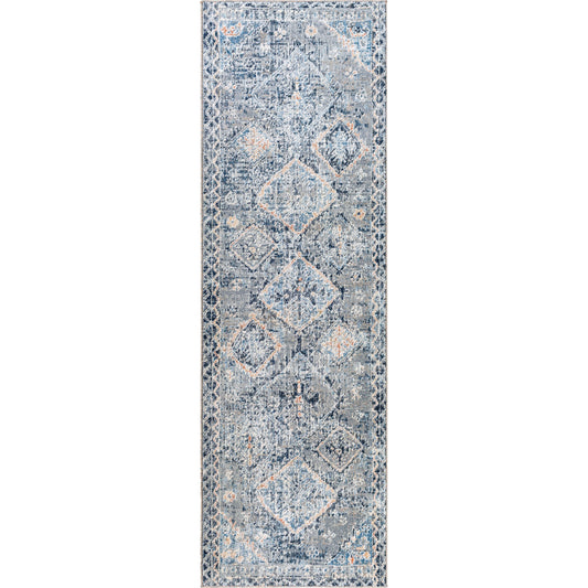 Amore Rug by Livabliss in navy, denim, gray, rust, light beige, cream. Made from 100% polyester in a traditional style.