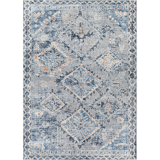 Amore Rug by Livabliss in navy, denim, gray, rust, light beige, cream. Made from 100% polyester in a traditional style.