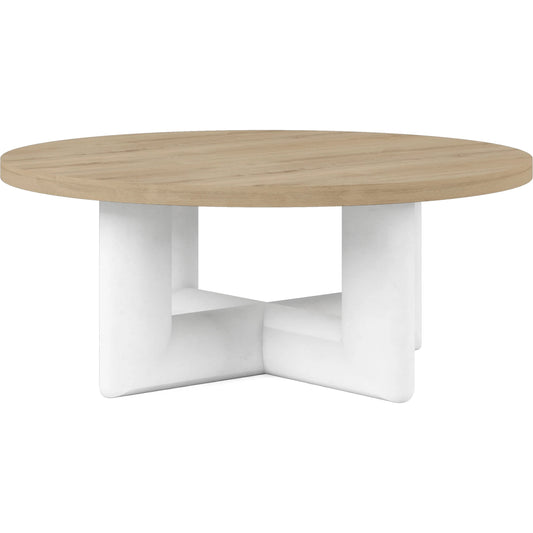 Garrison Round Cocktail Table by A.R.T. Furniture in washed oak, emory white. Made from parawood solids with ash embossing, white oak veneers, resin in a modern style.