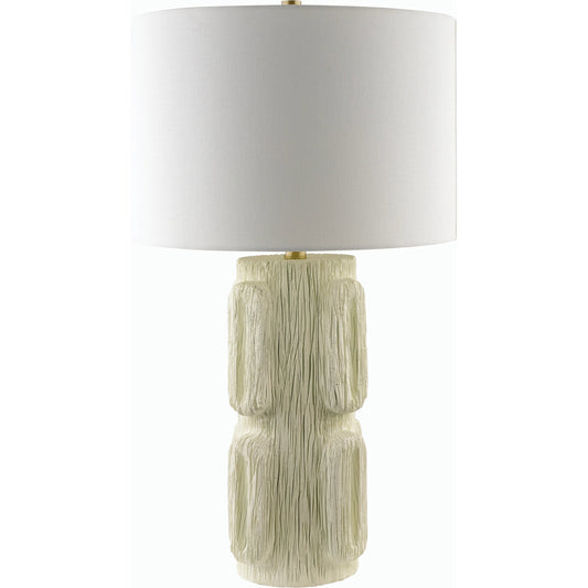 Antomi Accent Table Lamp by Livabliss in body: ivory, shade: white, finial: metallic - bronze, harp: metallic - brass, cord: translucent and paintedplated. Made from resin, linen, iron in a modern style.