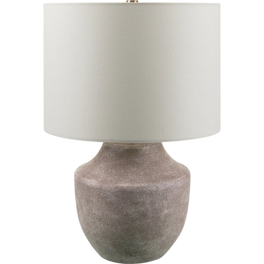 Antoine ANT-002 Table Lamp by Livabliss in body: light gray, shade: beige, finial: metallic - brass, harp: metallic - brass, cord: translucent and coloredplated. Made from resin, linen, polyester, iron in a modern style.