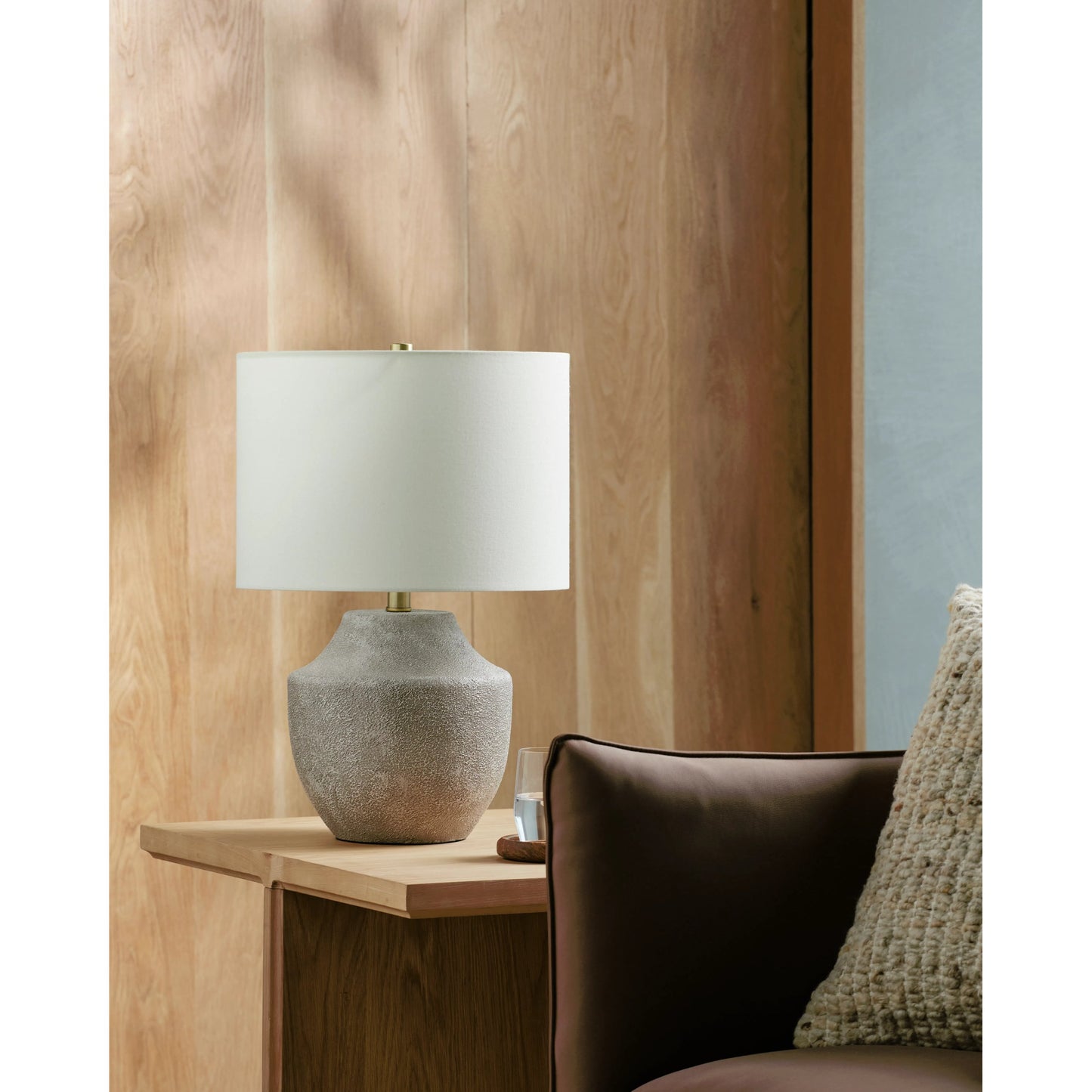 002 SI-2164800 | Lifestyle | Antoine Accent Table Lamp by Livabliss in body: light gray, shade: beige, finial: metallic - brass, harp: metallic - brass, cord: translucent and coloredplated. Made from resin, linen, polyester, iron in a modern style.