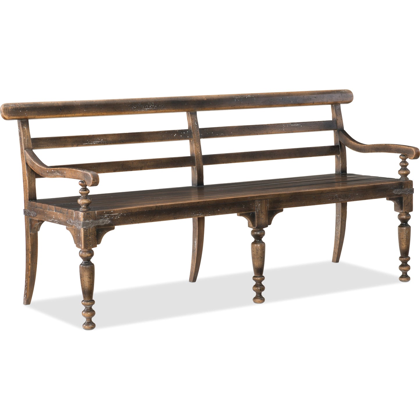 001 SI-1748966 | Primary Silo | Hill Country Helotes Dining Bench by Hooker Furniture in saddle brown. Made from hardwoods, metal in a traditional style.