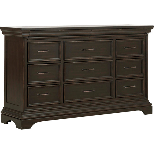 Caldwell Dresser by Pulaski Furniture in deep brown. Made from acacia veneers, asian hardwood in a traditional style.