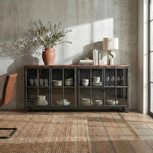 Tradition Sideboard by LH Imports in brown, black and natural, stain, black. Made from reclaimed iron, glass, mango hardwood in a modern style.