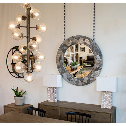 Arcadia Round Mirror 42" by LH Imports in grey and zinc, antique distressed. Made from mango heartwood, mdf, reclaimed iron, glass in a unique style.