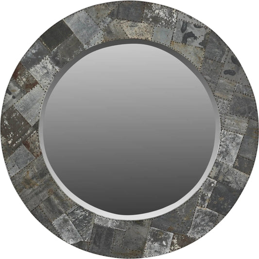 001 SI-2533483 | Primary Silo | Arcadia Round Mirror 42" by LH Imports in grey and zinc, antique distressed. Made from mango heartwood, mdf, reclaimed iron, glass in a unique style.