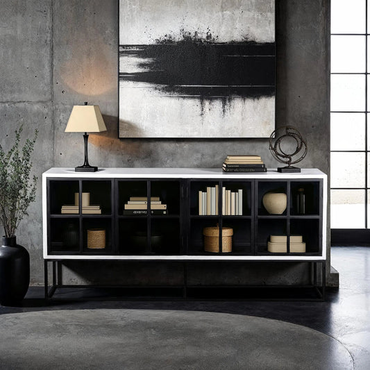 Caged Sideboard by LH Imports in white, black and white, black. Made from mango wood, metal frame, tempered glass in a unique style.