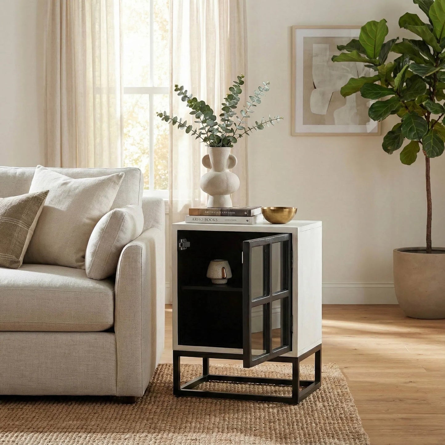 006 SI-2324964 | Lifestyle | Caged Side Table by LH Imports in white, black and white, black. Made from mango wood, metal frame, tempered glass in a unique style.