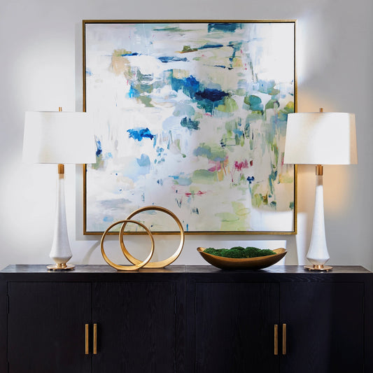 Abstract Reflections Framed Canvas by Uttermost in gold. Made from solid wood, canvas in a modern style.
