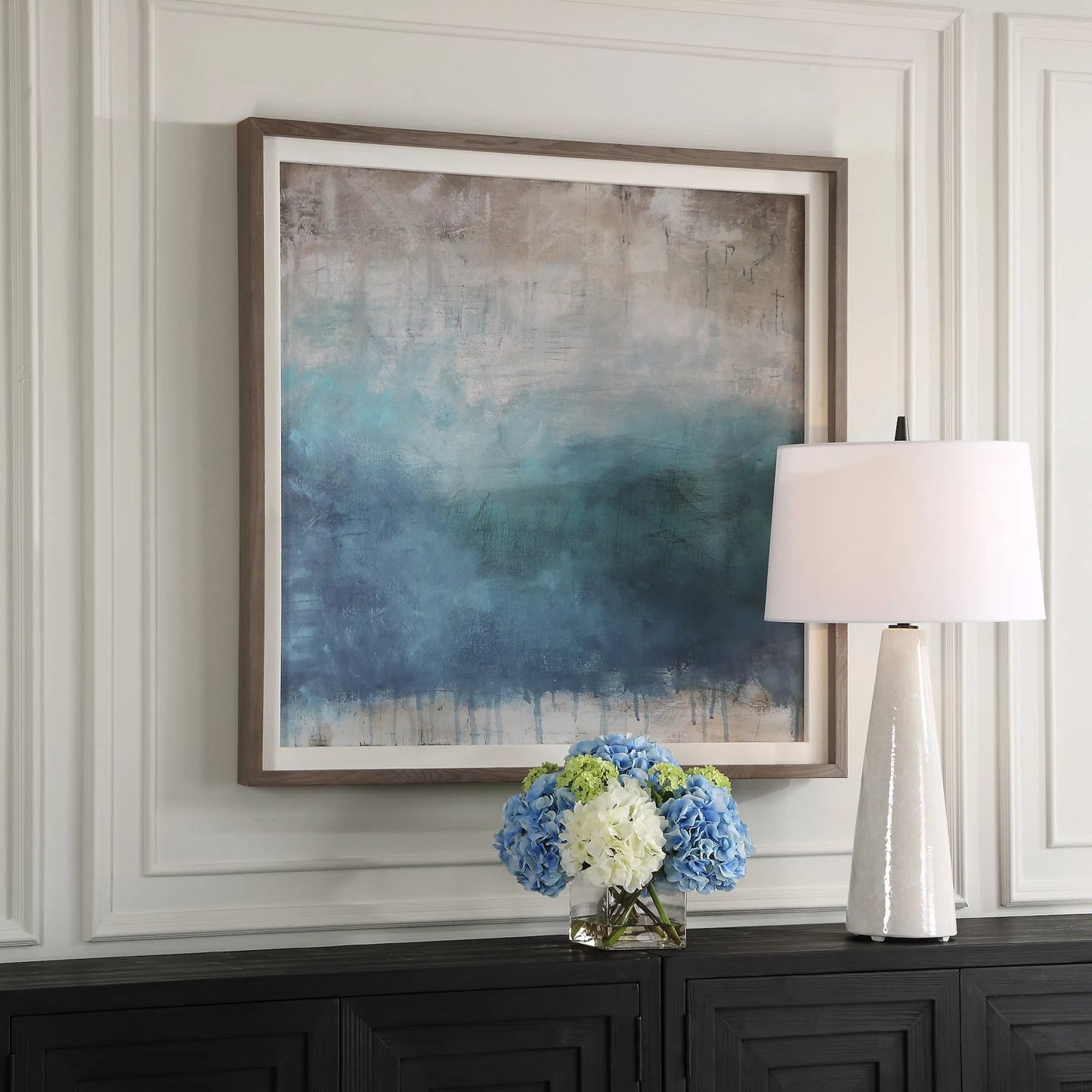 005 SI-2262476 | Lifestyle | Serenity Paused Framed Abstract Print by Uttermost. Made from pine, mdf, veneer, paper, linen in a transitional style.