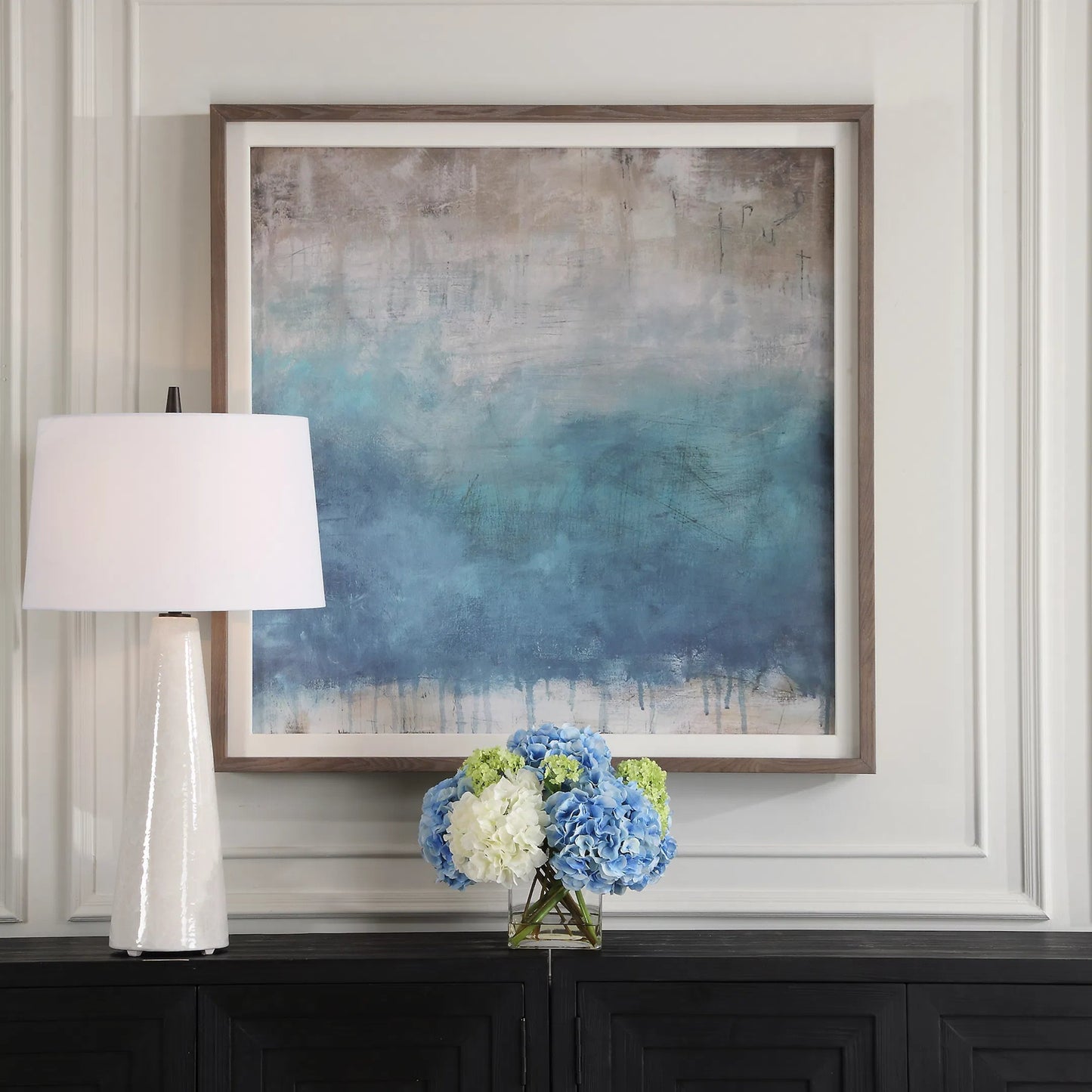 004 SI-2262476 | Lifestyle | Serenity Paused Framed Abstract Print by Uttermost. Made from pine, mdf, veneer, paper, linen in a transitional style.