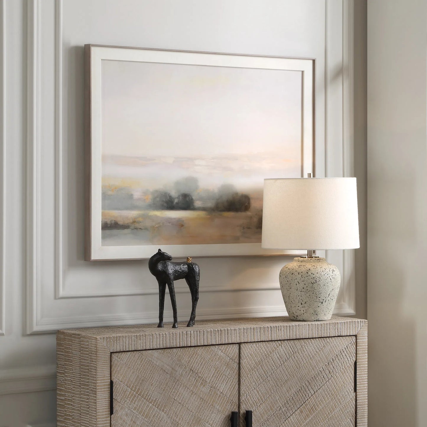 005 SI-2262479 | Lifestyle | Atmospheric Neutral Landscape Print by Uttermost. Made from alumnium, pine, mdf, paper, linen in a traditional style.