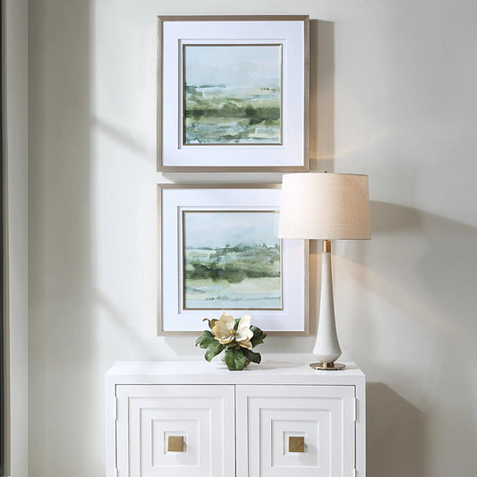 Soft Sage Abstract Landscape Prints by Uttermost. Made from plastic, glass, mdf, paper in a transitional style.