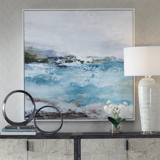 Essence Coastal Framed Canvas by Uttermost in blue. Made from solid wood, canvas in a transitional style.