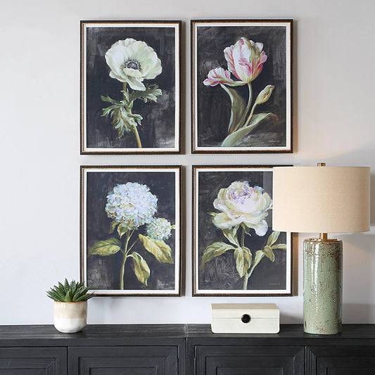Florals on Black Framed Prints by Uttermost. Made from plastic, glass, mdf, paper, linen in a traditional style.