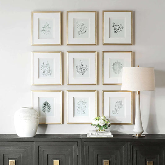 Nature's Script Framed Botanical Prints by Uttermost in gold. Made from plastic, glass, mdf, paper in a cottage & farmhouse style.
