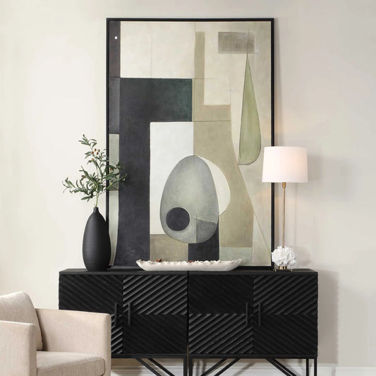 Fair Trade Geometric Abstract Art by Uttermost in green, beige, pewter. Made from canvas, pine wood, mdf, acrylic in a eclectic & global style.