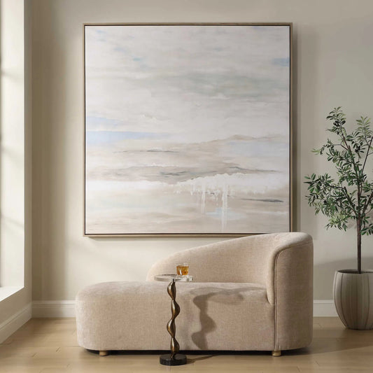 Gravity Abstract Landscape Art by Uttermost in pastel blue, taupe, ivory. Made from pinewood, canvas, wood veneer in a transitional style.