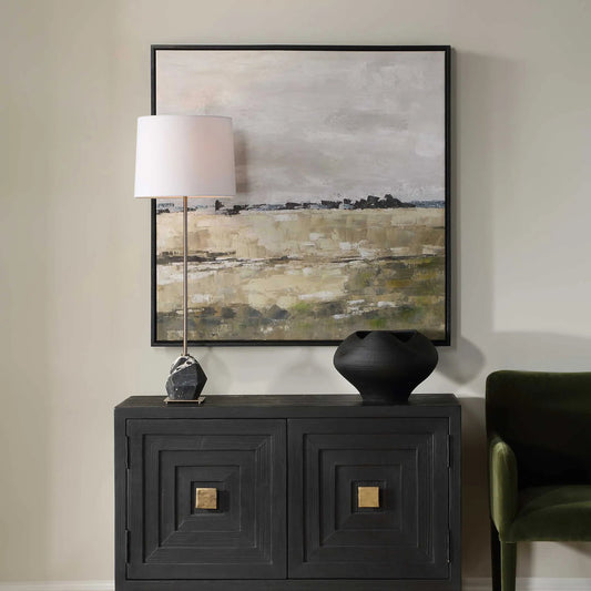 Fragment Hand Painted Landscape Art by Uttermost in gray, green, beige, black. Made from pinewood, canvas, black oak veneer in a transitional style.