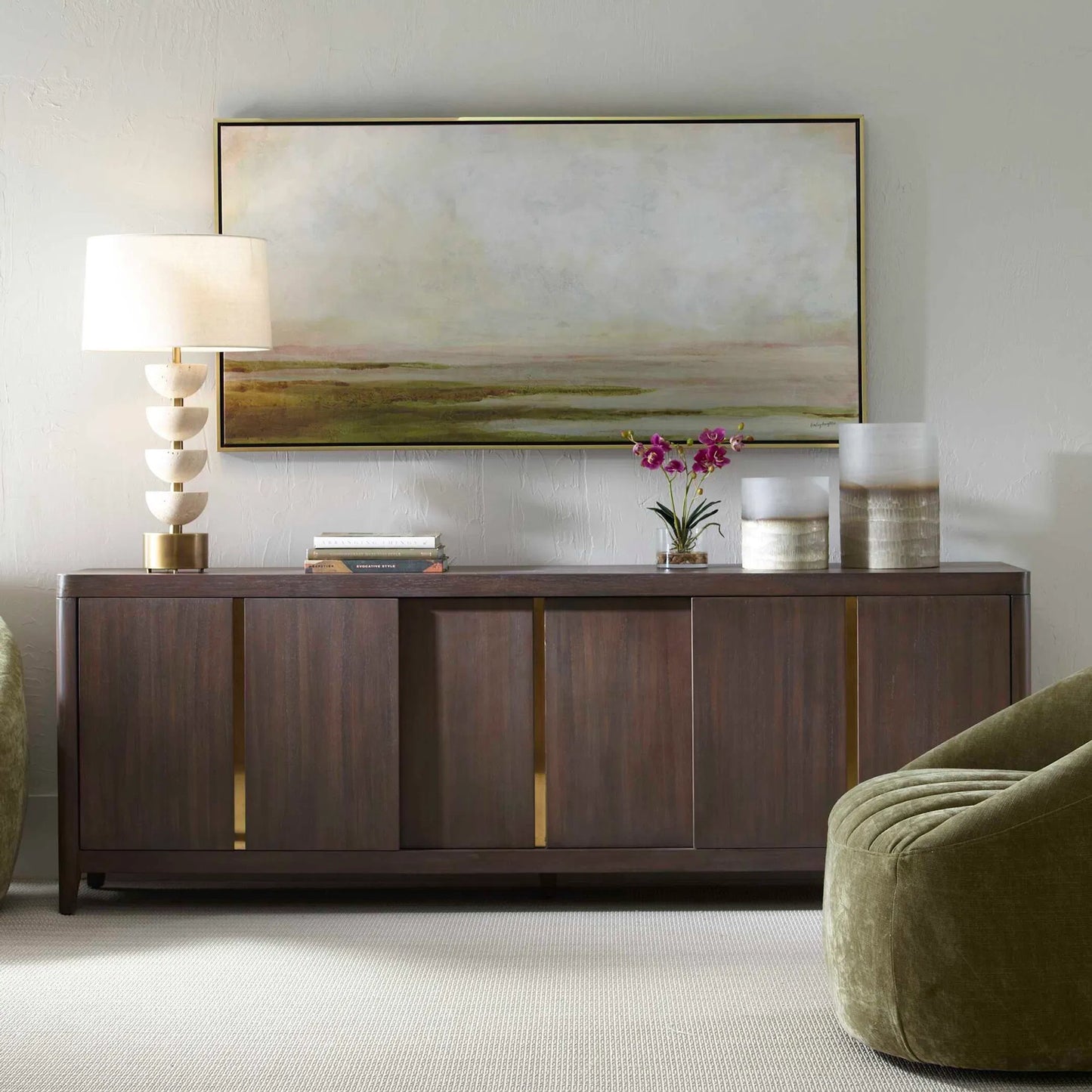 004 SI-2386748 | Lifestyle | Hazy Lake Framed Landscape Art by Uttermost in gold. Made from solid wood, canvas in a coastal style.