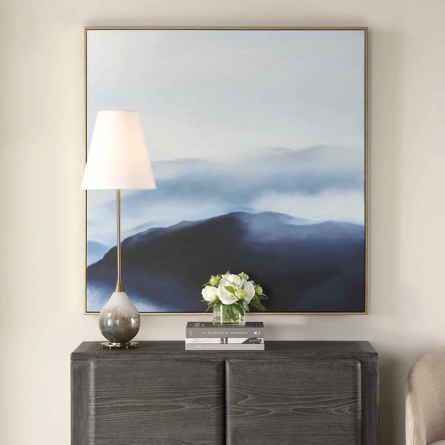 003 SI-2526238 | Lifestyle | Cold Shoulder Hand Painted Landscape Art by Uttermost. Made from canvas, pine wood, ps moulding in a unique style.