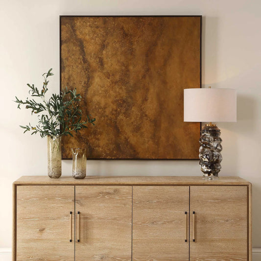 Burn Hand Painted Canvas by Uttermost in deep bronze. Made from canvas, pine wood, ps moulding, mdf in a unique style.