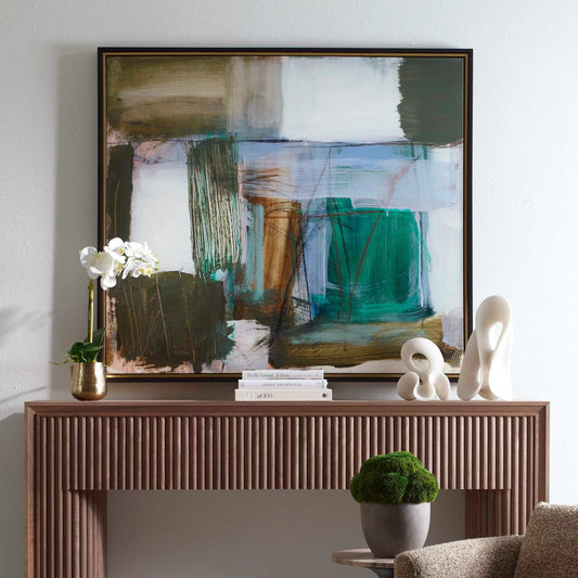 Green Fields Framed Canvas by Uttermost in black, blue, green, orange, white, yellow and gold. Made from solid wood, canvas in a unique style.