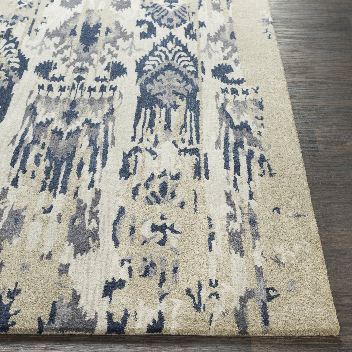 003 91297-2266 | Closeup | ART-242 Rug by Surya in gray, navy, denim, sage, light gray. Made from 100% new zealand wool in a unique style.