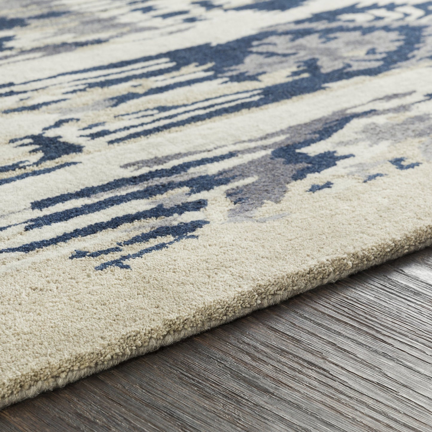 005 91297-2266 | Closeup | ART-242 Rug by Surya in gray, navy, denim, sage, light gray. Made from 100% new zealand wool in a unique style.