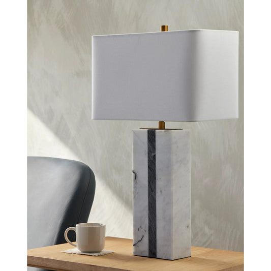 Ascendia Table Lamp - 498948 by Surya in white, gray, translucent, metallic gold, metallic brass and white, gray. Made from body: marble, marble, shade (outside): linen, shade (inside): polyester, finial: metal in a modern styl