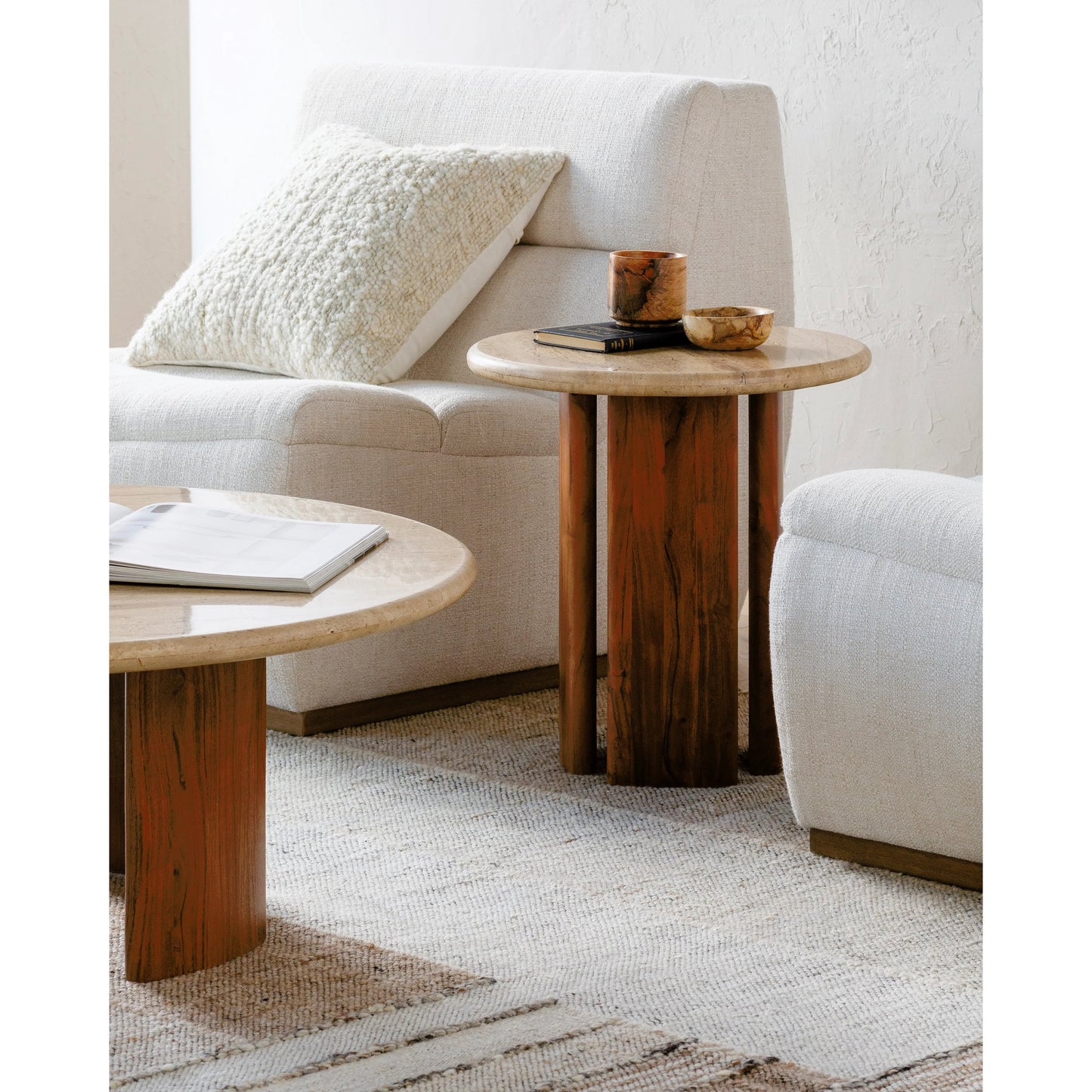 004 SI-2164082 | Lifestyle | Abacus End Table by Surya in top: brown, base: brown, beige and lacquerednaturalwood finish. Made from travertine, acacia, manufactured wood in a modern style.