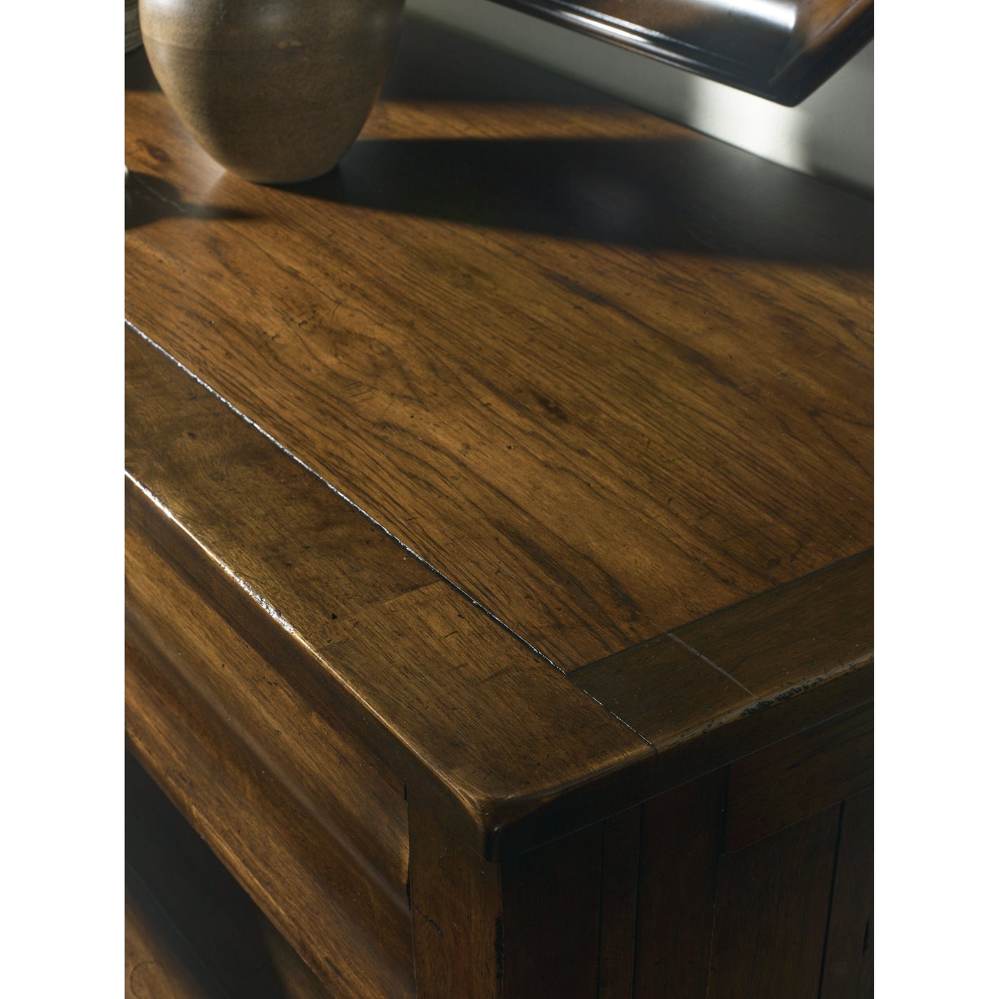 004 SI-1748322 | Closeup | Archivist Bureau by Hooker Furniture in pecan. Made from pecky pecan veneers, felt in a cottage & farmhouse style.