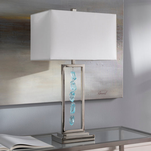 Aurelia Lamp - 23672 by Surya in white, translucent, metallic nickel, aqua, metallic silver and aqua, white. Made from linen, glass, metal in a coastal style.