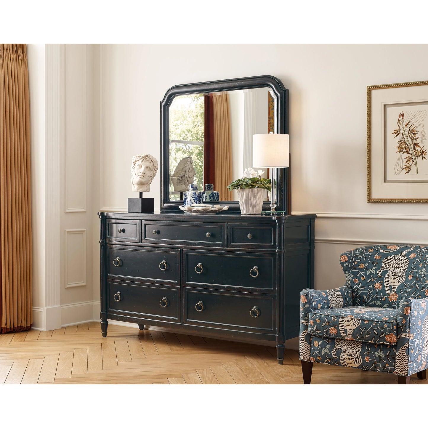010 SI-2029034 | Lifestyle | Charleston Seven-Drawer Dresser by Hooker Furniture. Made from cherry, okoume veneers, walnut inlay, olive ash burl, metal ferrules, solid-wood edge top in a traditional style.