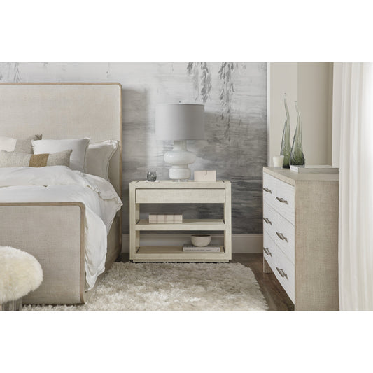 Cascade One-Drawer Nightstand by Hooker Furniture in pebble beach. Made from burlap, metal inlay in a transitional style.