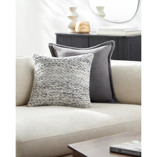 Averill Indoor/Outdoor Pillow by Livabliss in light silver, off-white, light grey, silver, ash. Made from front: 100% polyester, back: 100% polyester in a modern style.