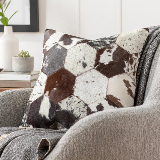 Avani Pillow - 32855 by Surya in brown, light beige, dark brown, black, white. Made from 100% hair on hide, 80% polyester, 20% cotton in a unique style.